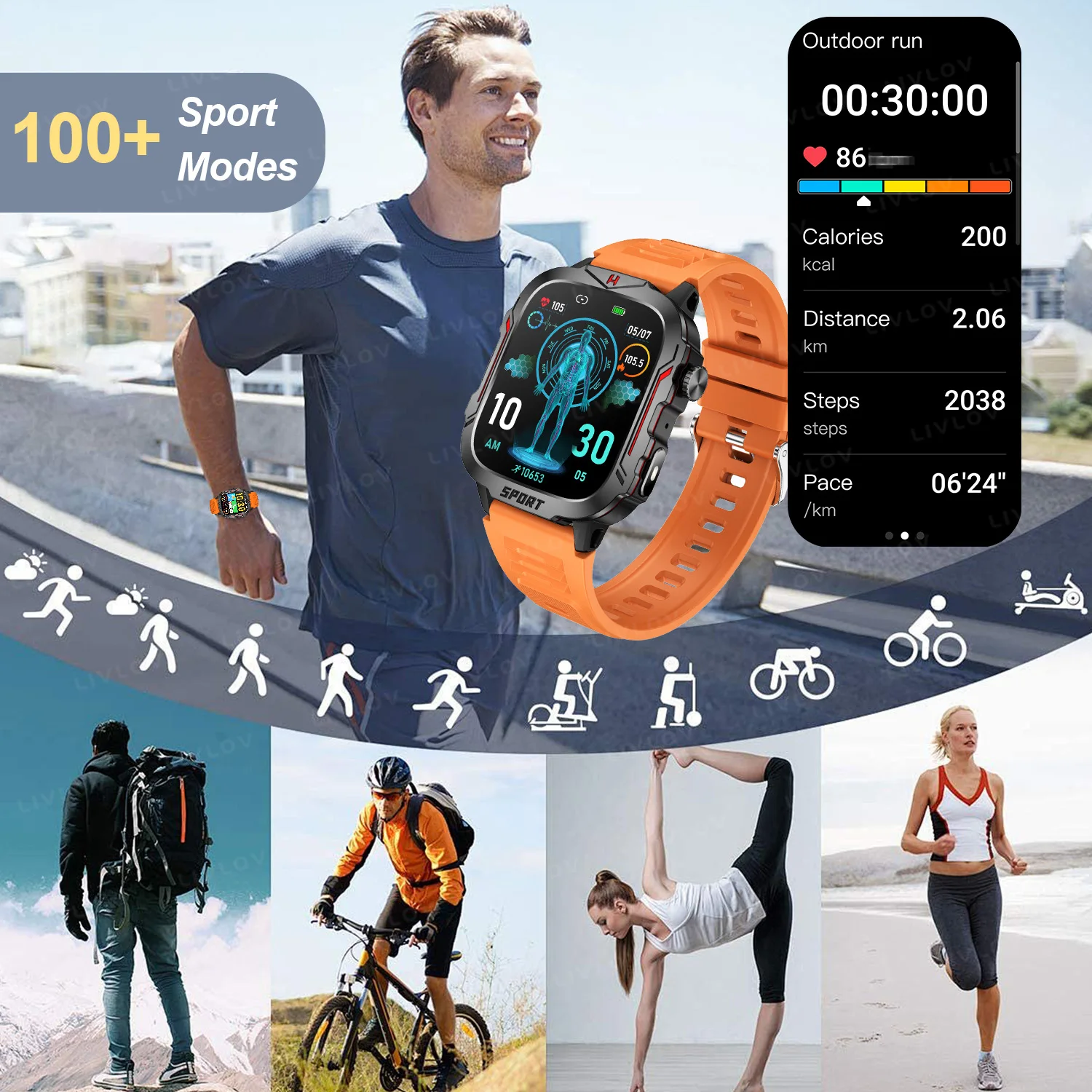 Flashlight Smart Watch for Men/Women, 1.96'' Screen Fitness Tracker with Long Battery Life/ AI Voice Assistant/ Bluetooth Call