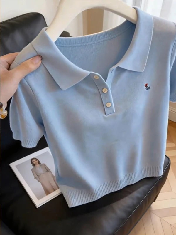 Dopamine Blue  Neck Short Sleeve T-Shirt Women's Summer Casual Versatile Denim Set High Waist Slim Fit Breathable Wear Re...