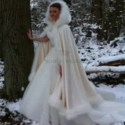 Faux Fur Edge Wedding Coat jacket Satin Bridal Capes Wedding Wrap Modern Bride Cloak With Hood Customized