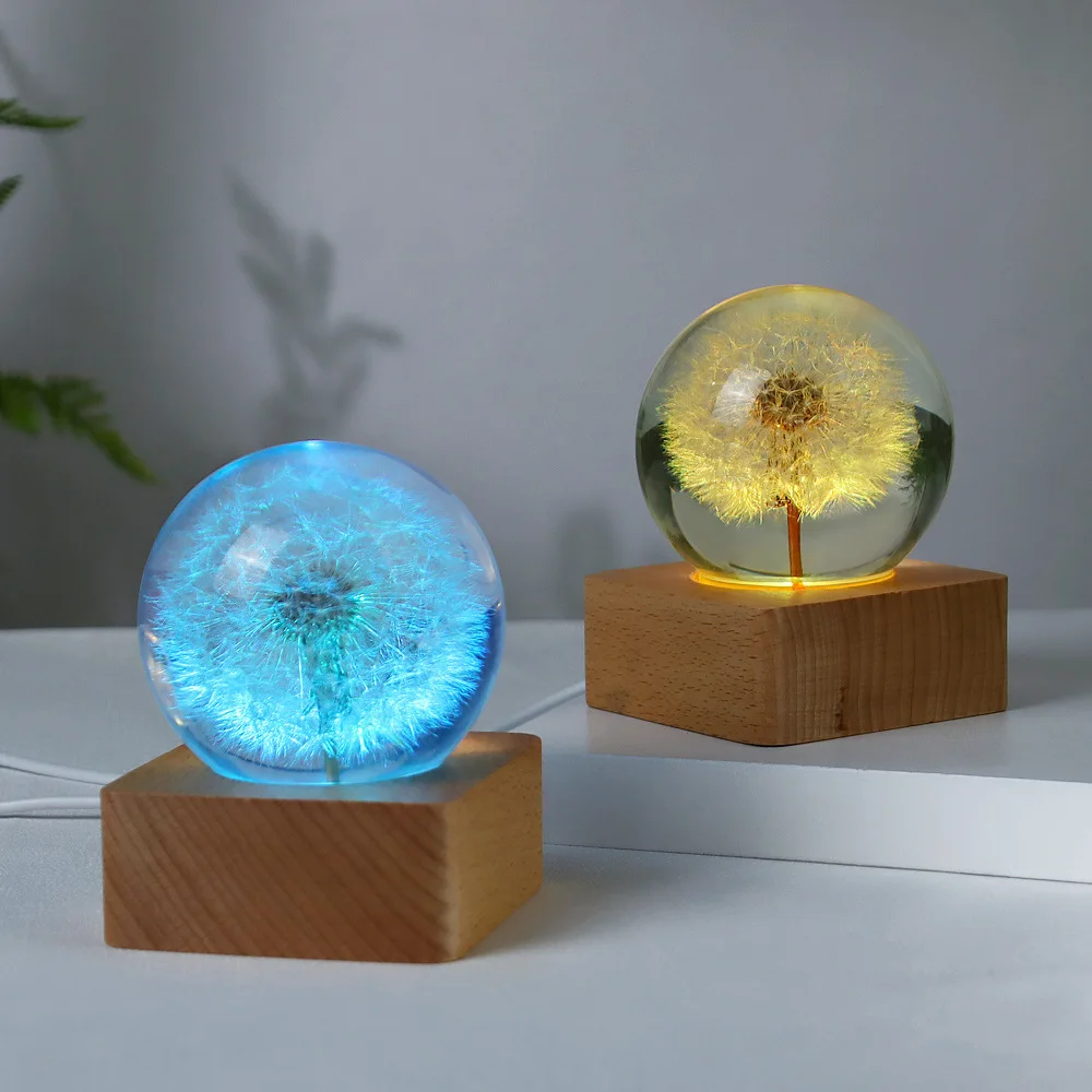 Creative Dandelion Crystal Ball Night Light LED Resin Handmade Dried Flower Desktop Bedroom Ornament Home Decor Figurine Gift
