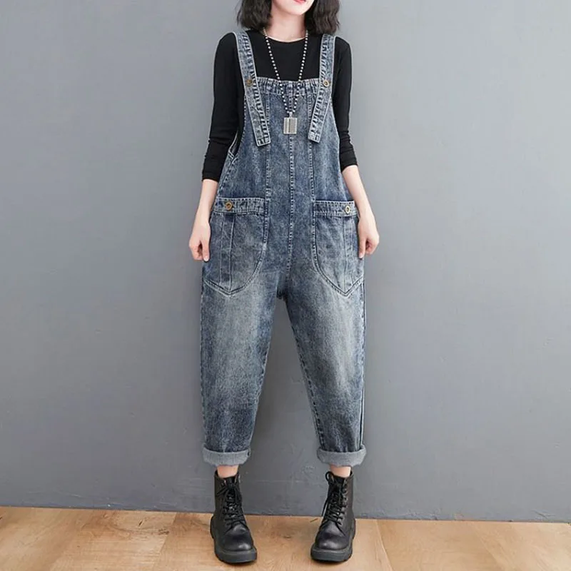 Vintage tanah putih Denim overall wanita musim semi musim gugur ukuran besar pinggang tinggi longgar kaki lebar Romper Wanita koboi Romper tren