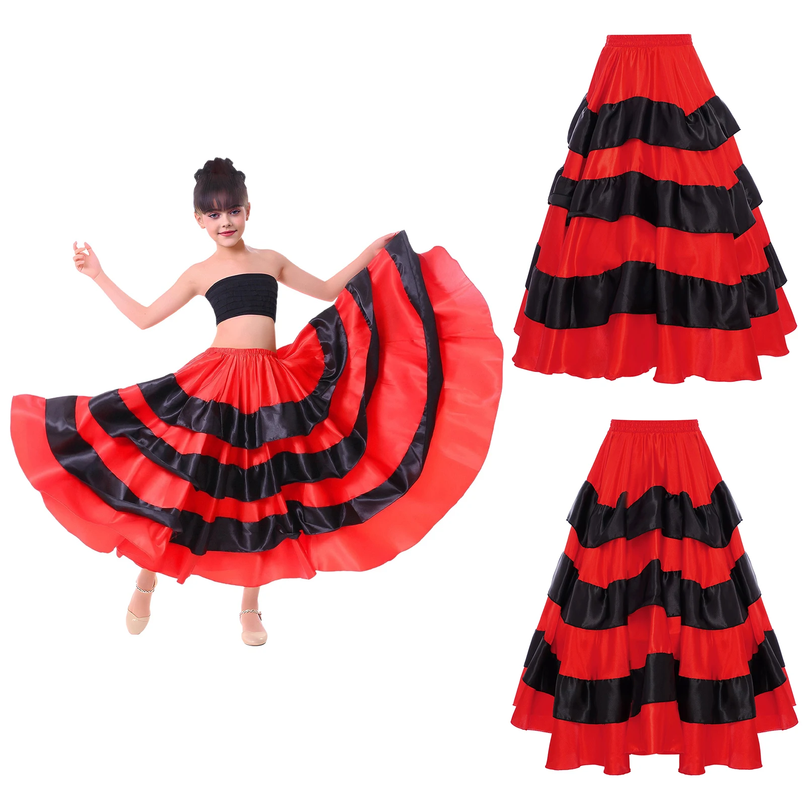 Gonna da flamenco vibrante per ragazze con volant a più livelli di 180 gradi e design in colori a contrasto, perfetta per spettacoli di danza spagnola