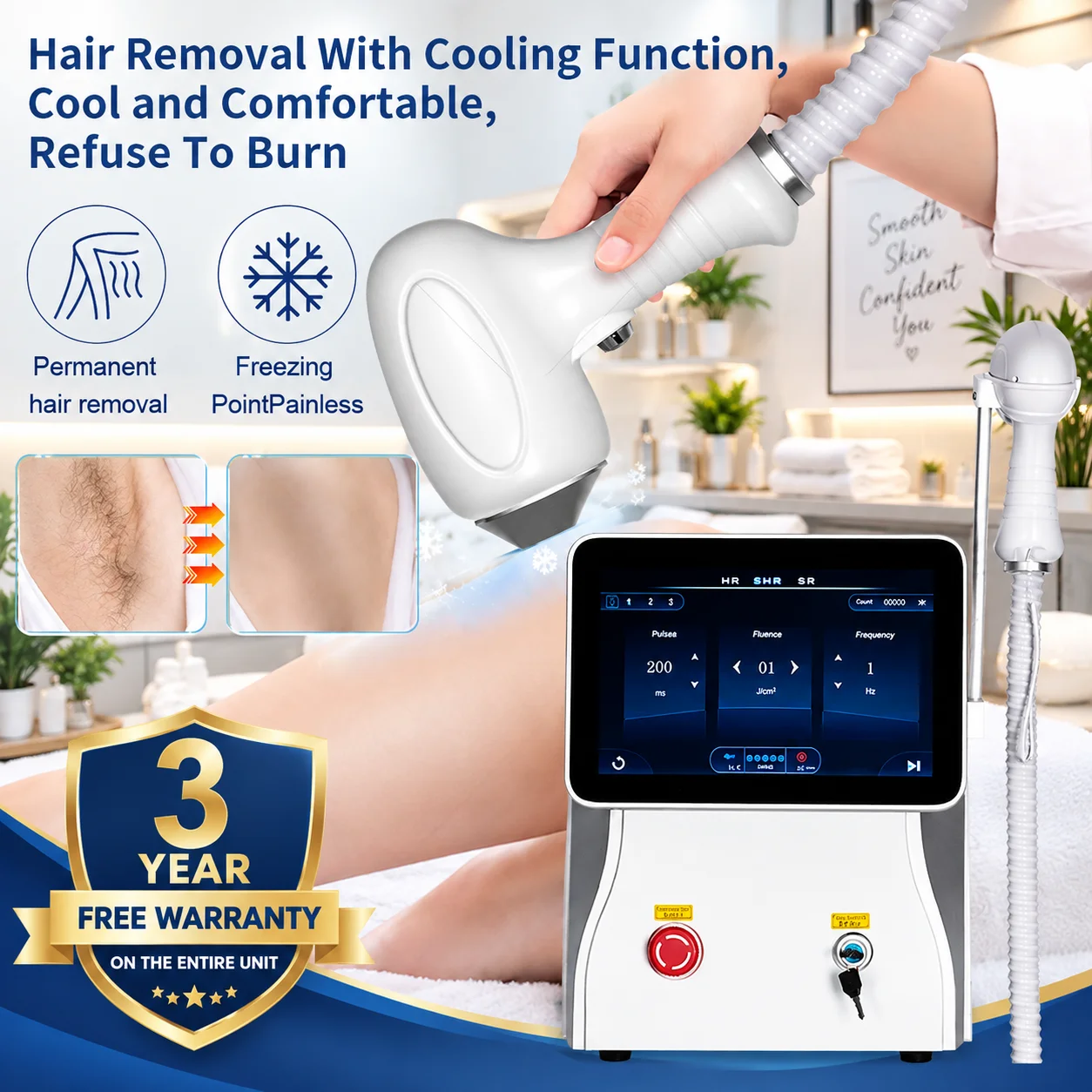 Diode Laser Hair Removal Machine 5000W Laser Diode Permanent Painless Ice Platinum Depilator 3-Wavelength 755 808 1064nm