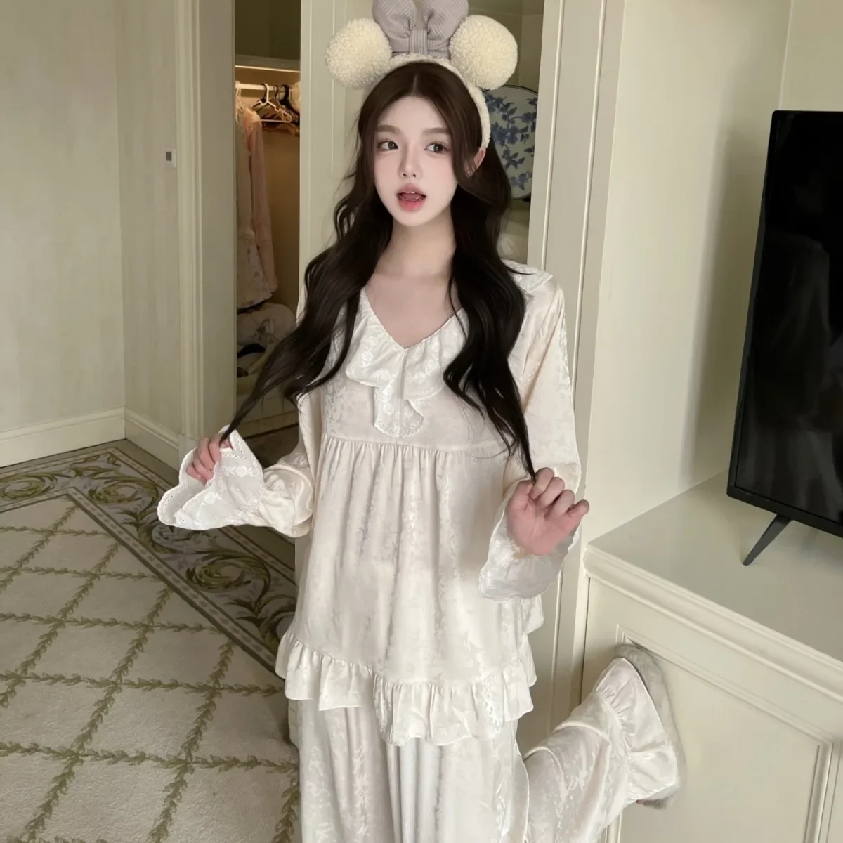 

New Chinese Style Pajamas Set Home Clothes Elegant Jacquard Satin Sleepwear Trouser Suits Female pyjama Loose Casual Lounge Wear