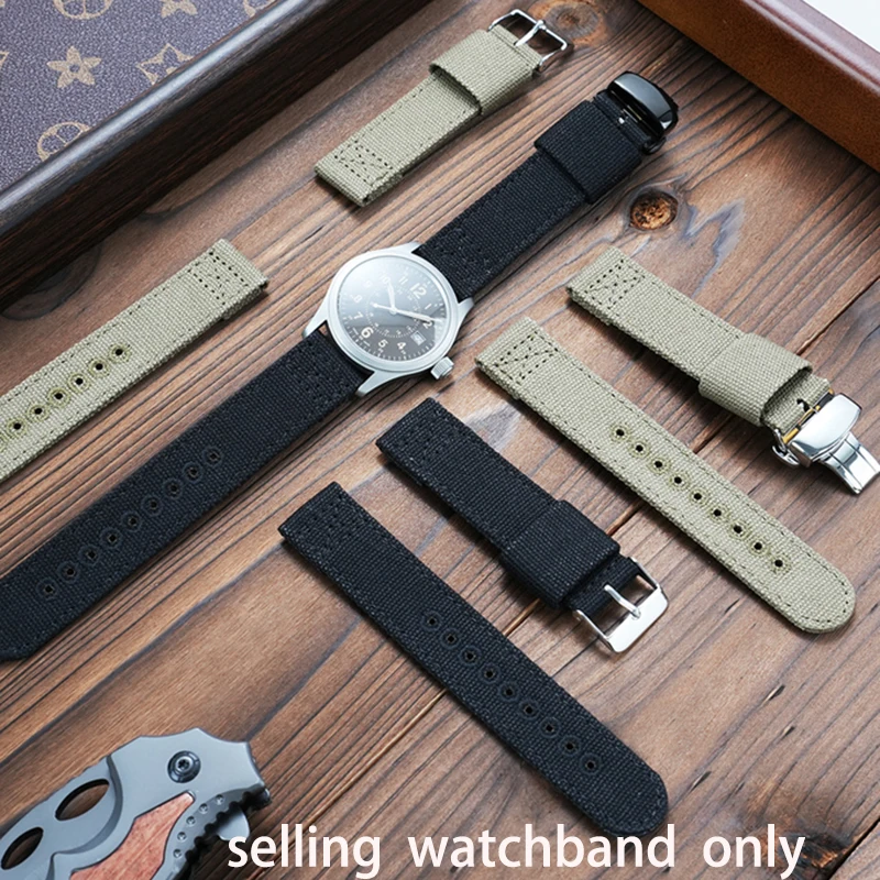 For Hamilton khaki/aviation/field Men outdoor sports nylon+cowhide strap black/khaki  20mm 22mm Canvas watchband waterproof nyl