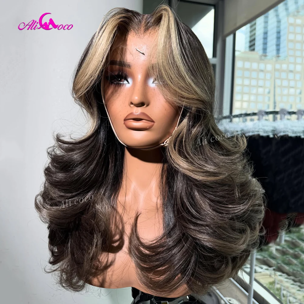 200 Density Body Wave Two Pieces of Shiny Blonde Highlights Lace Front Wigs Human Hair 13x6 Brazilian Hair 13x6 Drawstring Wigs