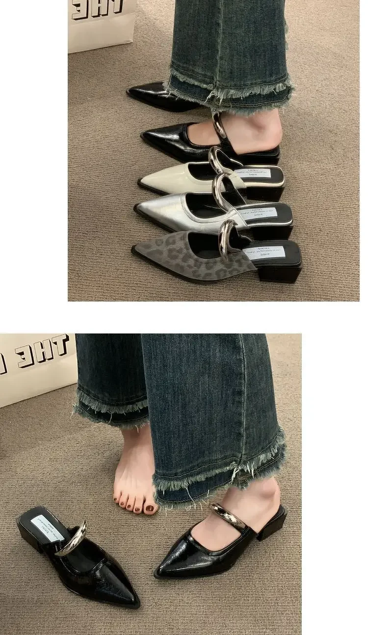 2026 Neue Damen-Cover-Toe-Mules mit Metallverzierung, dicker Absatz, bequeme Street-Style-Slipper – Detail 5