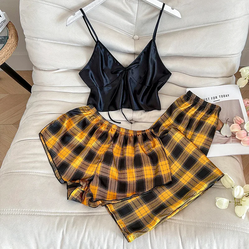 Casual Women'S Home Suit Set With Plaid Suspender Pants Three Piece Set Imitation Silk Pajamas Women'S Comfortable Breathab Suit