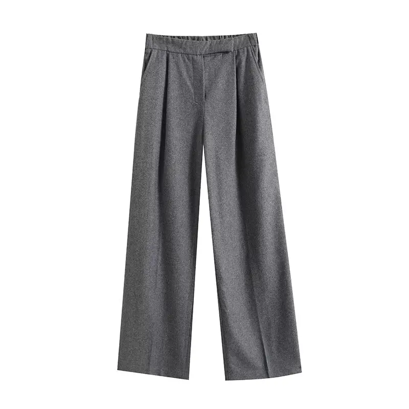 

Women's new fashion side pocket decoration casual straight woolen pleated pants retro high waisted zipper women's pants Skazi