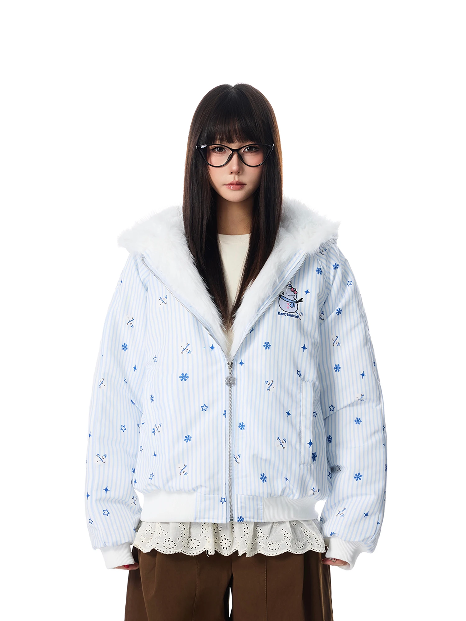 

Зимняя новинка SREK: Милая женская свободная куртка с капюшоном, в полоску, из утолщенного хлопка, с мультяшным принтом, на молнии, длинная, с рукавами.