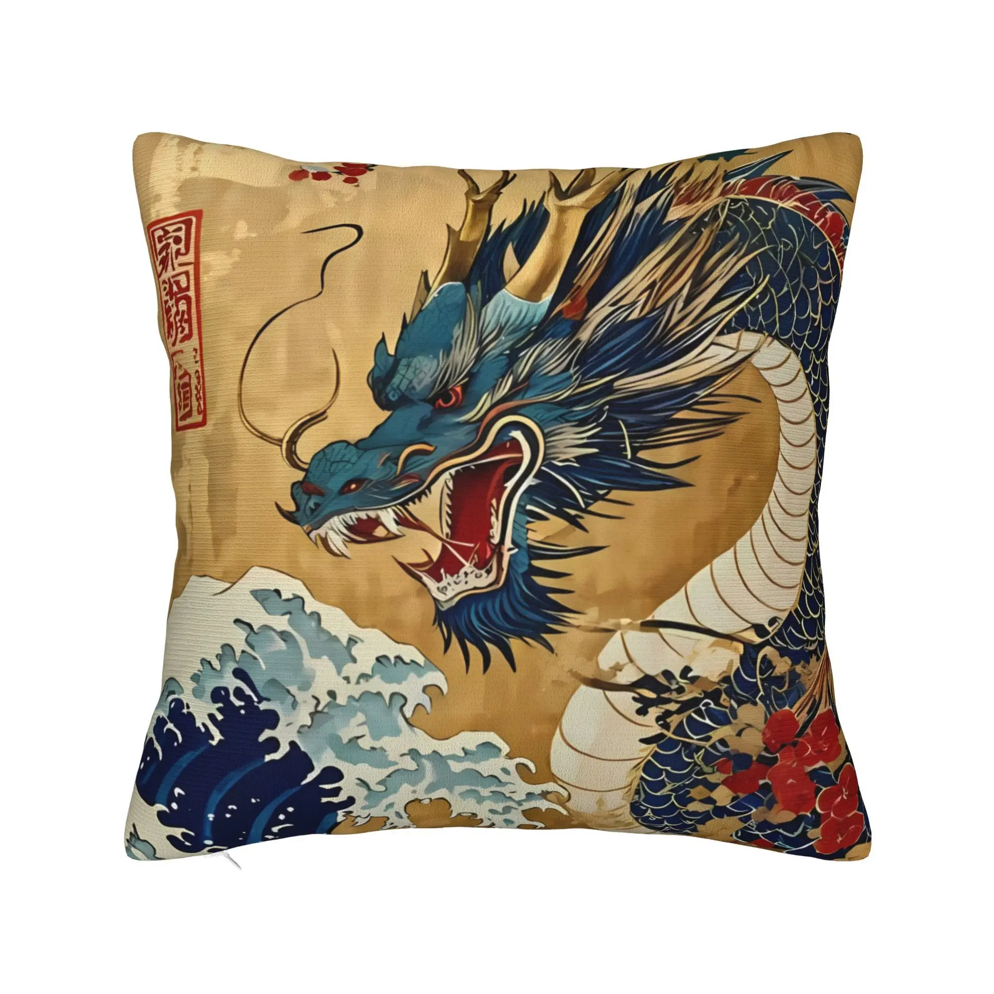 Mythical Beast Design Pillow Cover, Blue Dragon and Ocean Scene Graphic Cushion Case for Living Room Bedroom Home Decor Gift