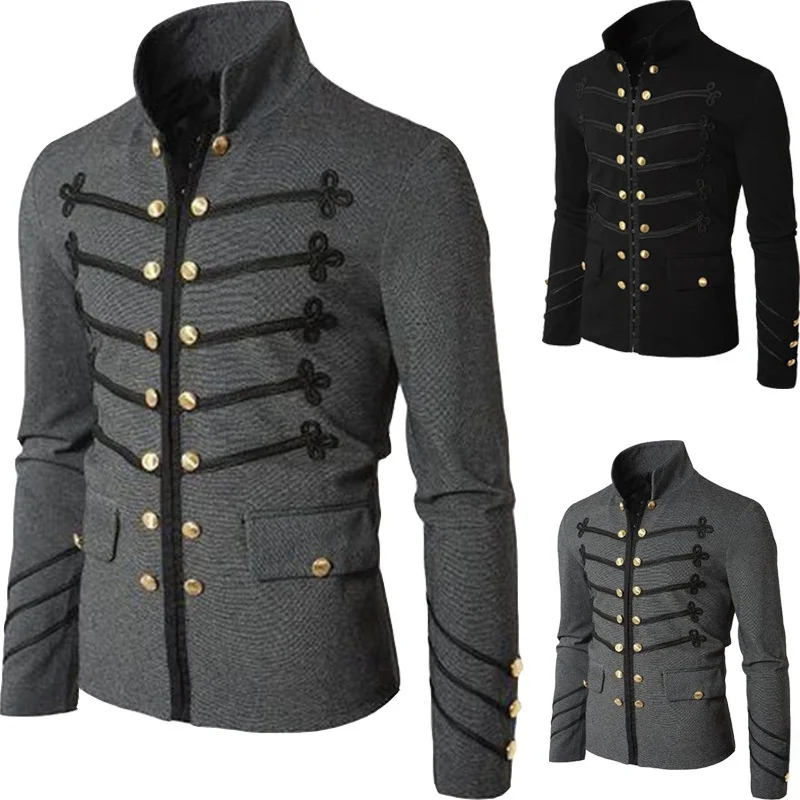 Embroidered Double Breasted Pure Color Men's Jacket Open Cardigan Performance Long Sleeve Clothing Stage Costume Cotton Blend