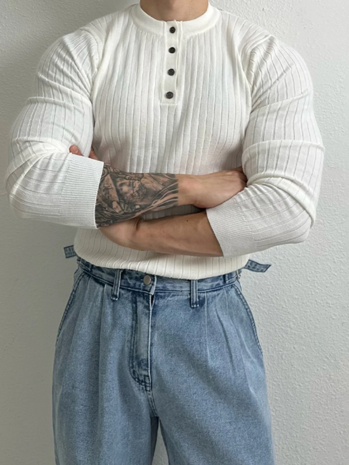 

2024 New White Long Sve Knitted Henley Ne Fitn Men's Faionable Versatile Simple American Sle T-irt Spring Autumn
