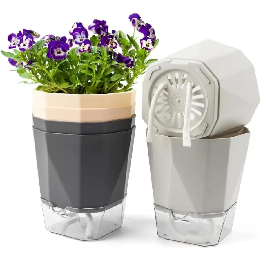 

6Pack Self Watering Planter Pots 5 Inch Plastic Planters with Drainage Holes Cn Rope and Trays Drative Flower Pots for Indoor O