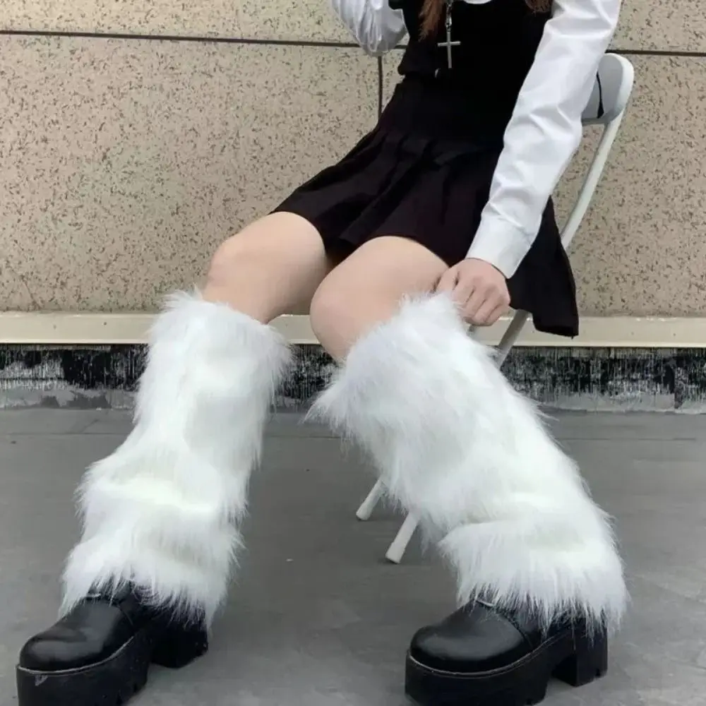 Versatile Winter Faux Fur Leg Warmers Furry Warm Boot Covers Pull-On Solid Color Foot Warming Covers for Women Girls