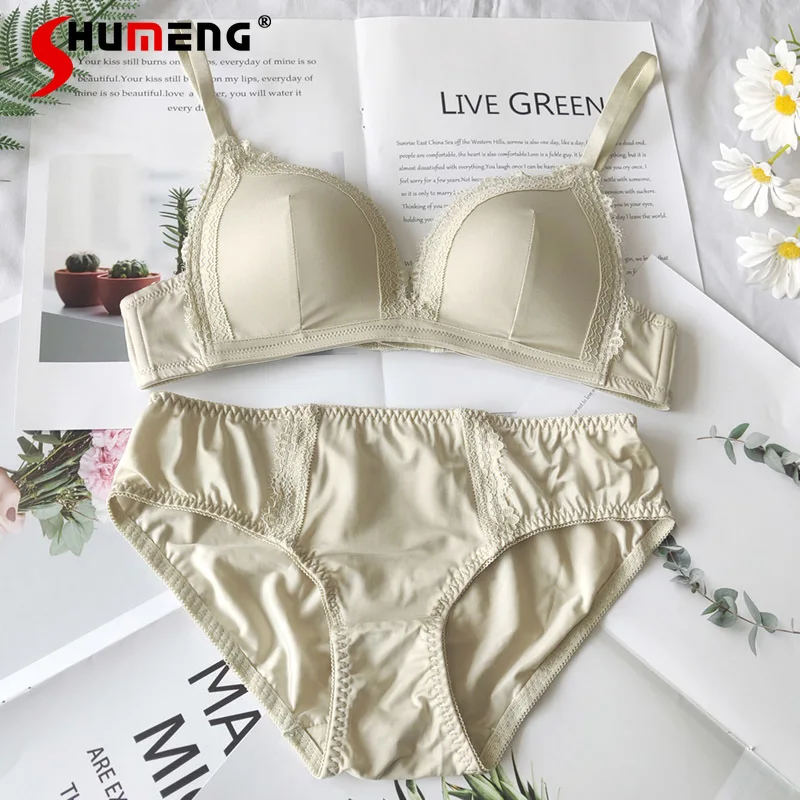 

Solid Color Wireless Triangle Cup Bra Set Female Comfortable Thick Bottom Brief Suits Women's Japanese Style Sweet Intimates