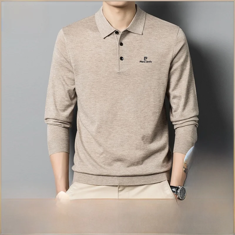

Pierre Cardin Men's Long Sve Wool Sweater Loose Fit Collared Base irt Busin Casual Sle Pure Color Autumn Wear