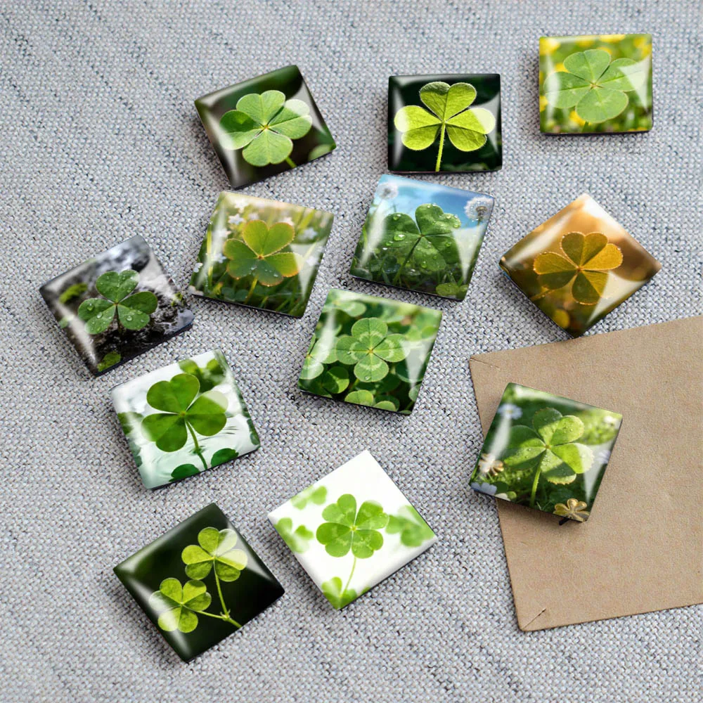 1PC 30MM Square Shamrock Lucky Clover Pattern Glass Refrigerator Sticker St Patrick's Day Home Decoration St Patrick's Day Gift