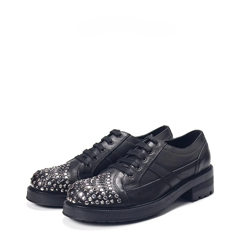 New High End Genuine Leather Luxury Round Toe Casual Leather Shoes Men Rivet Derby Handmade Lace Up Work Male Shoes Youth
