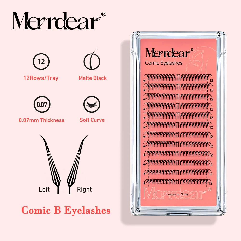 Merrdear Comic Spire Fox Eyelash Extension Premade Manga False Eyelashes Super Soft Light Feather-Feeling Anime Lashes 0.07mm