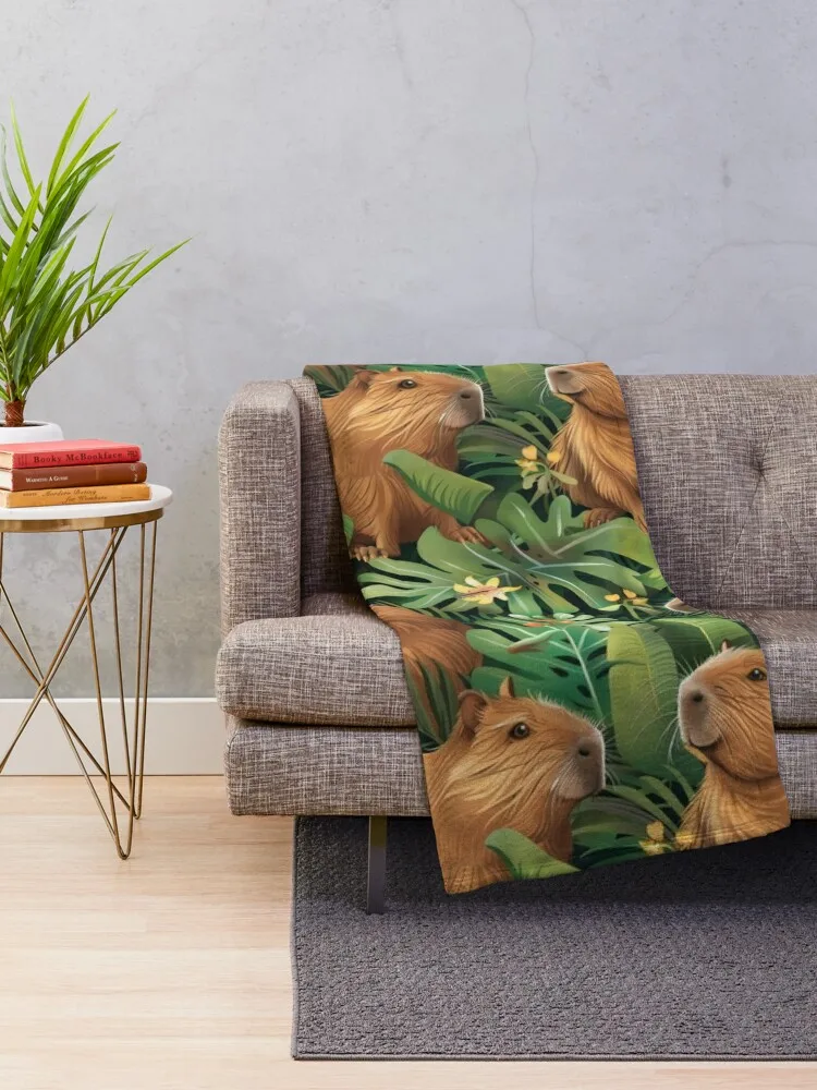 Cute capybaras frolic amidst lush tropical plants Throw Blanket Beach Blankets For Baby Luxury Thicken Blankets