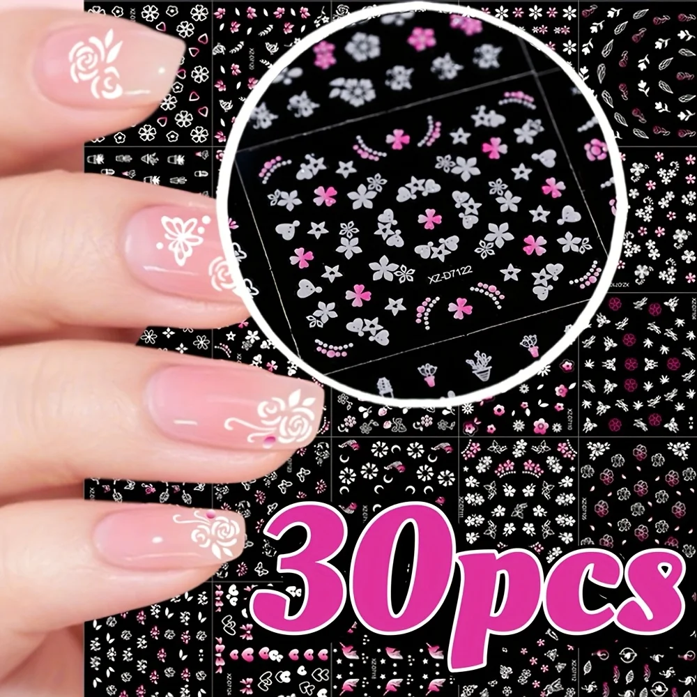 30 pegatinas de manicura rosas y blancas sin repetir, calcomanías para uñas con patrones surtidos, arte floral