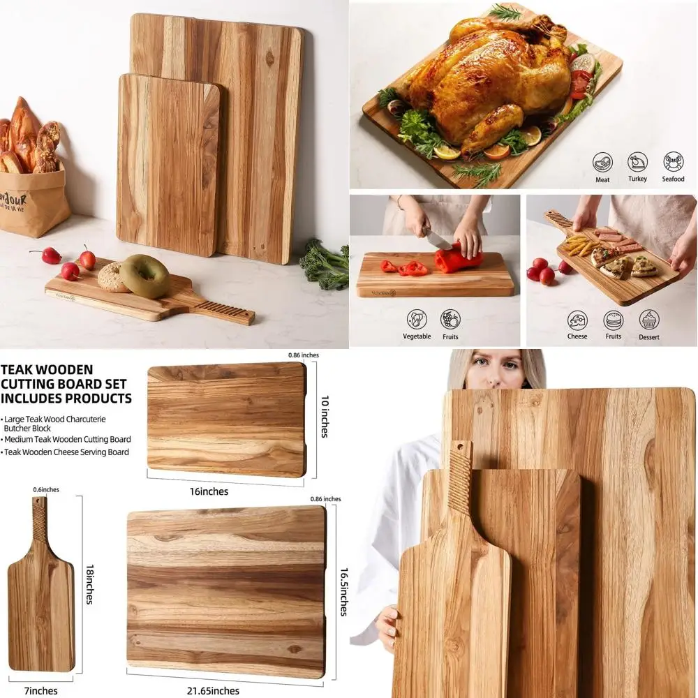 

Набор из 3-х кухонных разделочных досок из тикового дерева, толстые большие разделочные доски, деревянные сервировочные подносы для индейки, мяса, фруктов и сыра