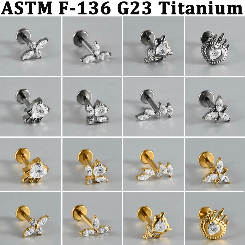 1/5 Stück F-136 Implantat-Titan Verschiedene Größen Blumen-Zirkonia Labret 16G Innengewinde Knorpel Helix Lobe Ohrring Piercing