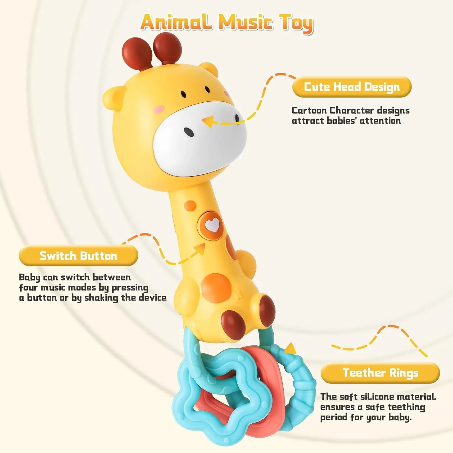 Baby Soft Rubber Soothing Rattles,การ์ตูนสัตว์เพลงTeether,Anti Gnawing Teething Stick,การศึกษาของเล่นเพื่อการศึกษา