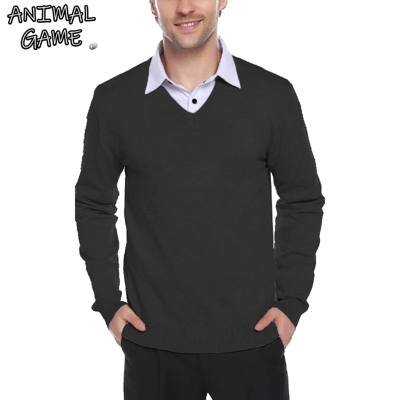 

Animal Game Outdoor Mens Casual Sweater V Neck Pullover Lightweight Woolen Knit Men Sweater Slim Outwear Business Cold Blouse