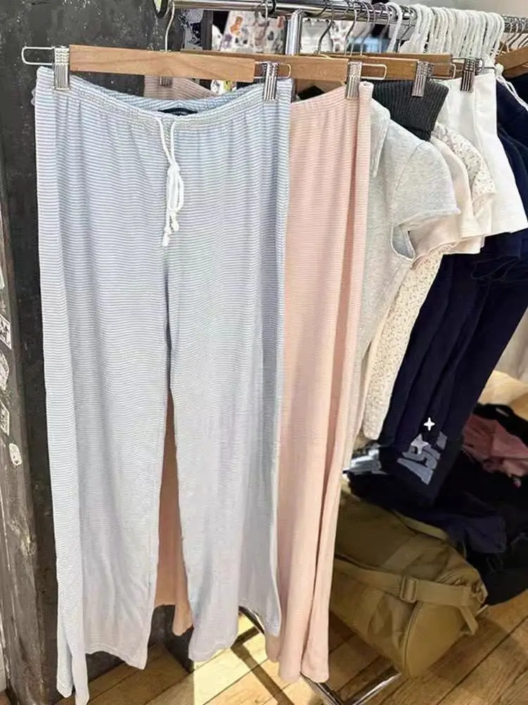 

Brandy BM Striped Elastic Waist Dstring Home Pants Flared Long Pants Versatile Belted Outerwear Wide Leg Pants