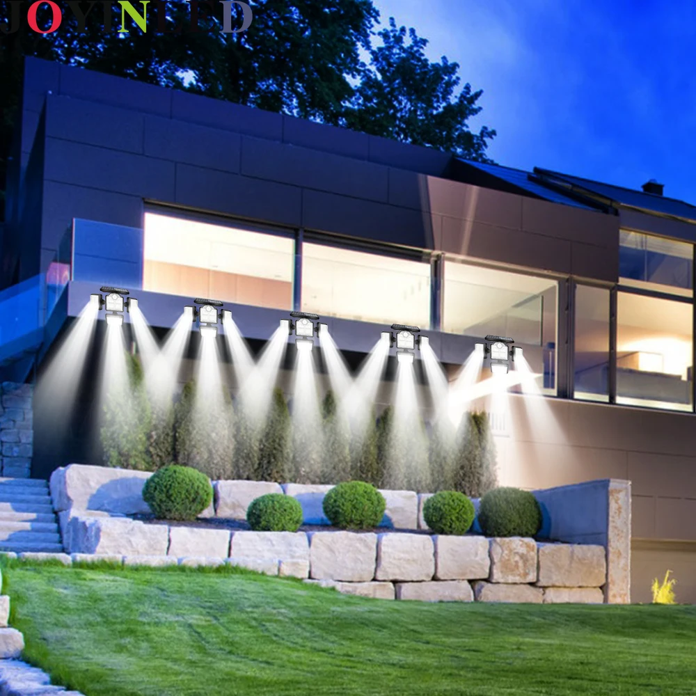 LED Light Motion Sensor 192/198 LED 3 Modes IP65 Waterproof with Remote Solar Wall Security Light 4 Heads Outdoor Lighting