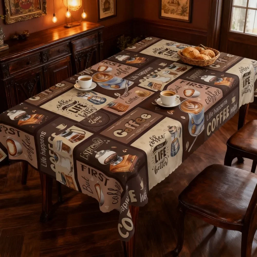 1pc Coffee Theme Vintage Tablecloth - Brown-toned Coffee Pattern Print - Polyester Material - Lightweightxzj