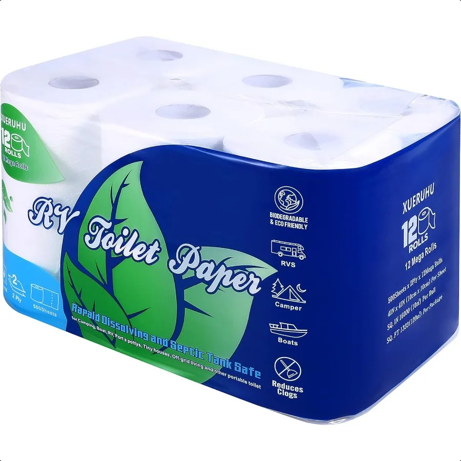 

RV Toilet Paper Quick Dissoe 2 Ply Septic Safe Biodegradable 500Sheet 12 Rolls Camping Toilet Paper For RVs Boats Marine And Ca