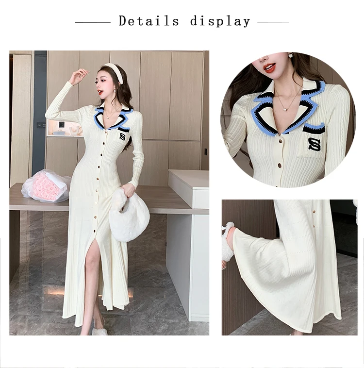 Women French Knitted Single-Breasted Long Sleeve V Neck Elastic Slim Dress Autumn Winter Warm Sweater Dress Female Clothing - Image 6