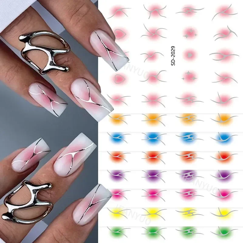 3D Metall Silber Flamme Nagel Aufkleber Bronzing Streifen Farbverlauf einfarbig geprägt Stern Herz Maniküre Französisch Nail Art Dekor Aufkleber