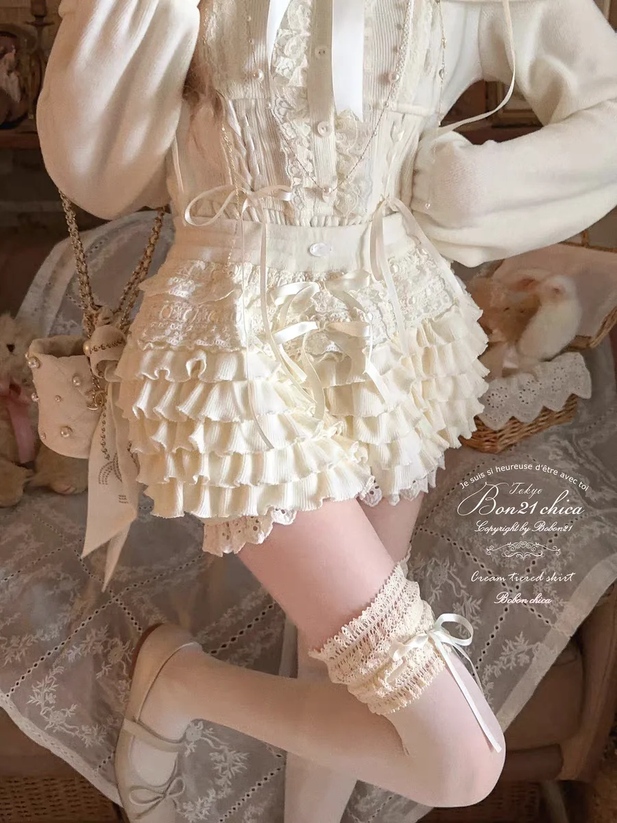 Princess sweet lolita skirt pants bobon21 Cream cloud lace bow autumn and winter knitted layered cake skirt pants B2427
