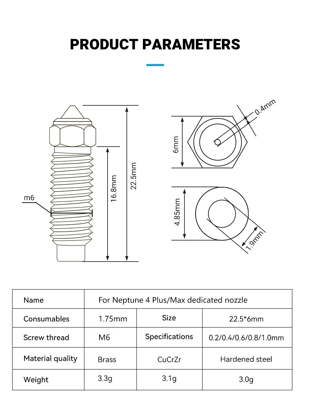 Für elegoo neptune 4 plus düse hoch geschwindigkeit düsen für elegoo neptune 4 max düse 0,4 0,6mm messing kupfer beschichteter gehärteter stahl – Detail 10