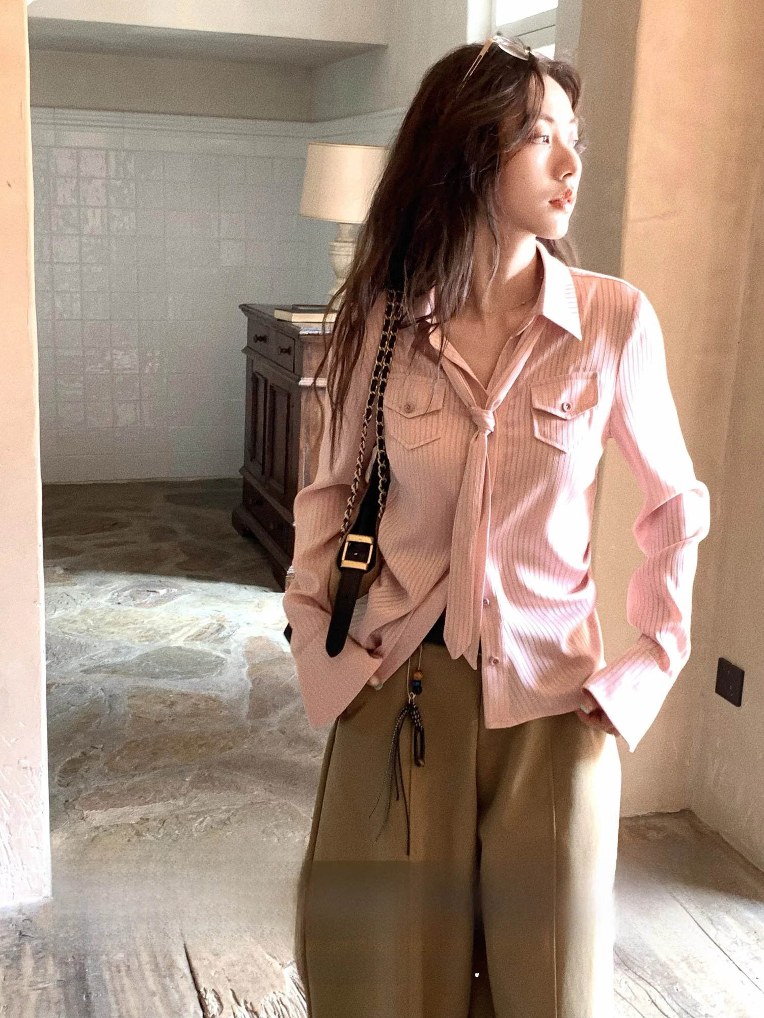 

Retro Style Women's Shirt with Sash Long Sleeve Striped Polyester Fabric Waist-Cinching Spring Fashion Elegant Chic