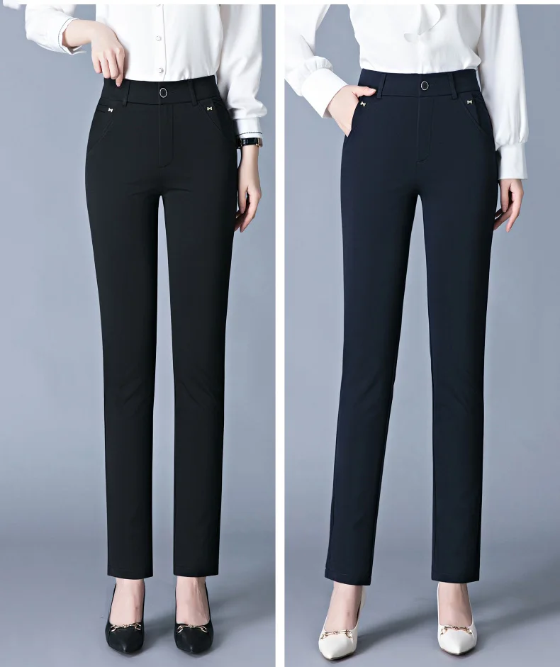 7XL Spring Autumn Casual Button Elastic Mid Waist Black&Navy Blue Straight Trousers Office Lady Quick Drying Suit Pants Female
