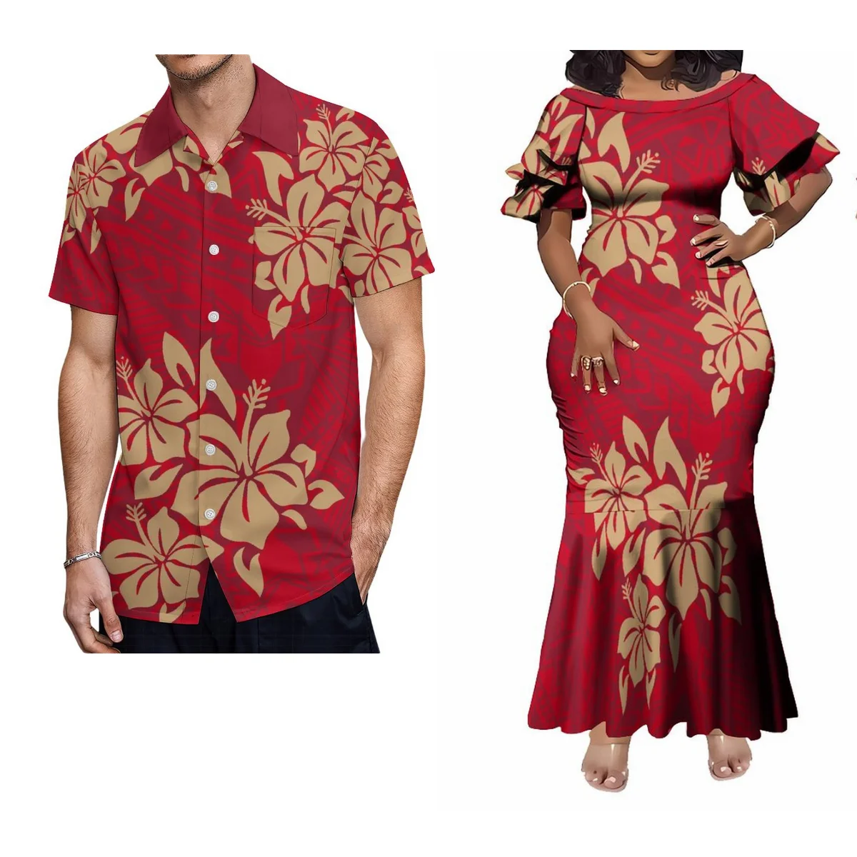 

Summer Lotus Cuff Slim Dress Round Neck Fishtail Skirt Floral Print Men'S Shirt Samoa Fiji Custom Art Polynesian Couple Suit