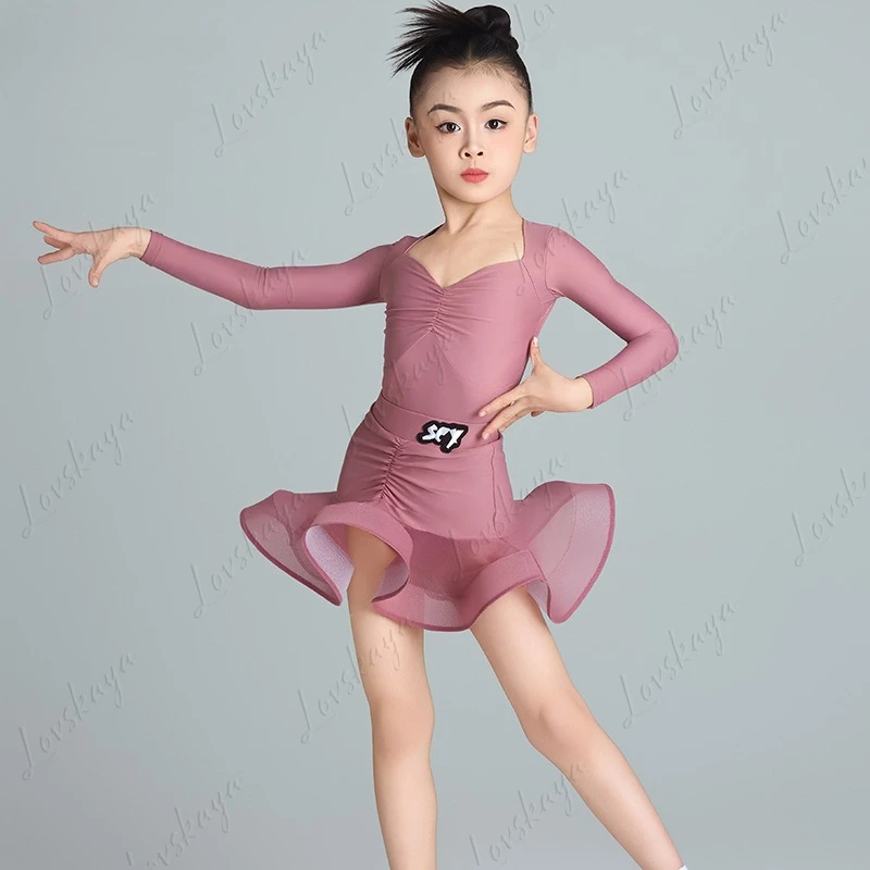 

Girls Latin Dance Costume with Long Sleeves Children's Practice Fishbone Skirt High-End Style Performance Set for Kids
