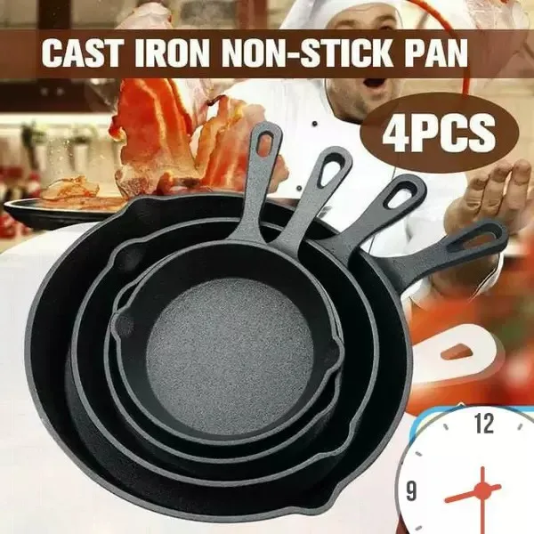 Sartén de hierro fundido antiadherente de 4 piezas para omelette, sartén para bistec, cacerola para estufa de gas e inducción con doble boquilla de drenaje