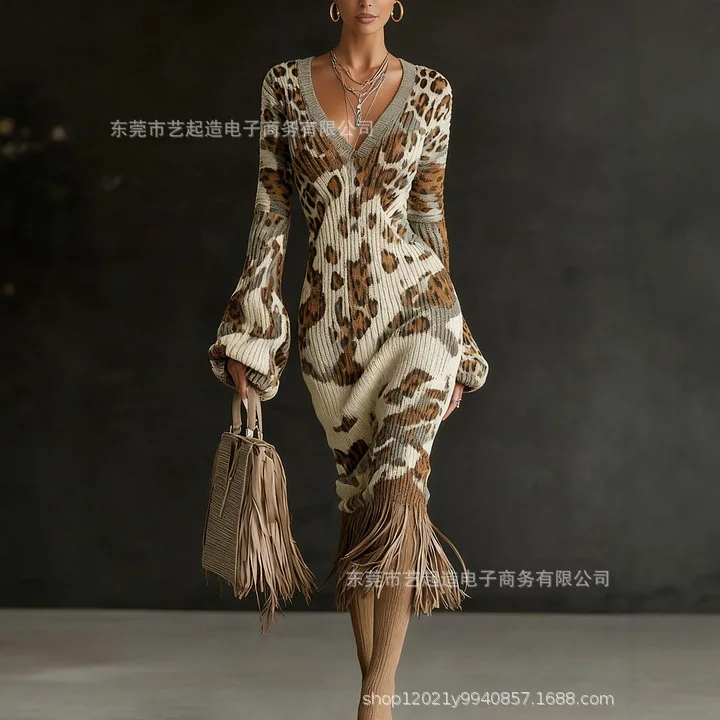 2026 New Fashion Printed Knitted Slim Fit Hip Dress Women Spring Sexy Elegant Retro Tassel V-Neck Long Sleeve Dresses For Women