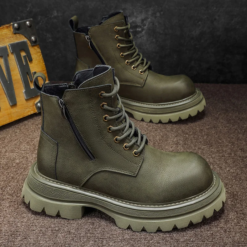 

Мужские ботинки, осень 2023, корейские спортивные ботинки на толстой подошве и молнии со шнуровкой, увеличивающие рост, удобные высокие британские спортивные ботинки