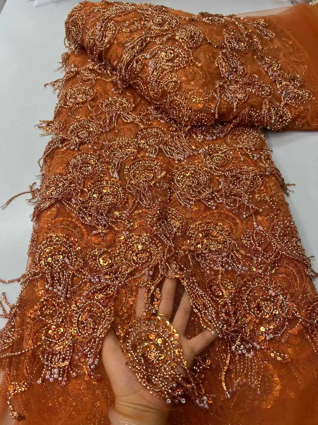 

2026 African Sequins Lace Fabrics Latest Beaded Embroidery French Tulle Mesh Lace Fabrics Material For Wedding Party Dresses