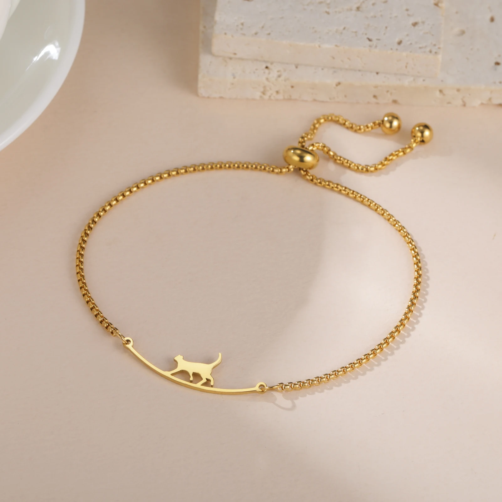 Skyrim Walking Cat Women's Bracelet Stainless Steel Gold Color Adjustable Box Chain Bracelets Trendy Animal Kitten Jewelry Gift