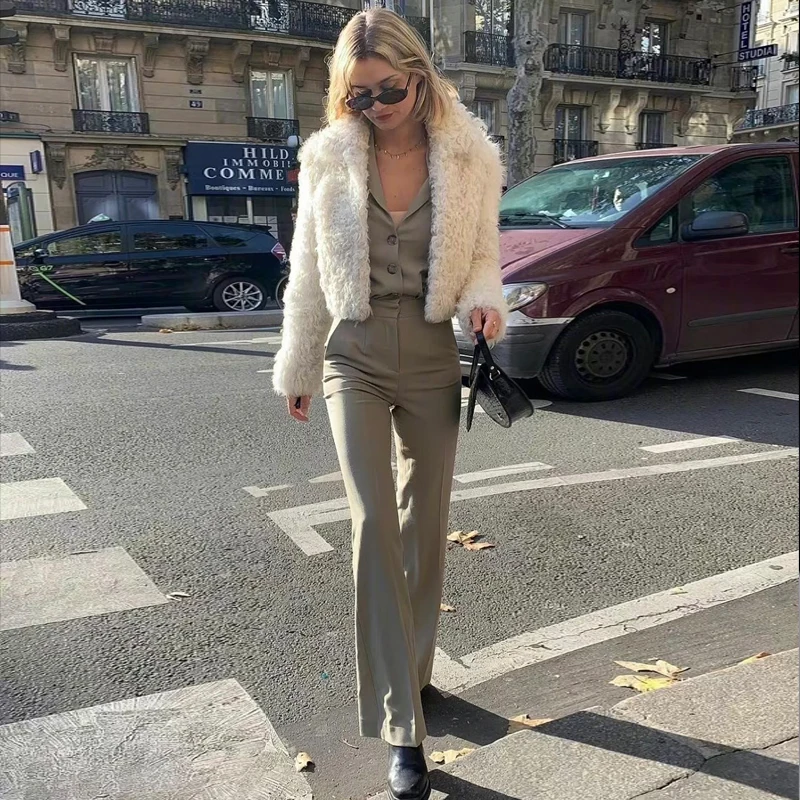 

Warmth Women's Short Fashionable Versatile Particle Faux Fur Lamb Skin Coat Street Style Long Sleeve Double Collar Coat