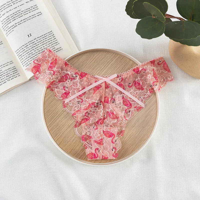 Sexy Thong Lace Panties Hollow Out Ribbon Low Waist Seamless Breathable Comfortable Summer Ultra Light Mesh