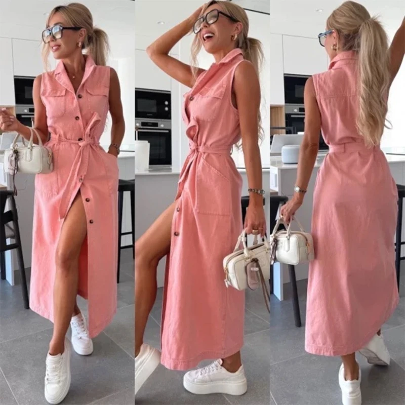 31BF Fashionable Long Jeans Dress With Adjustable Belt And Single Breasted Buttons